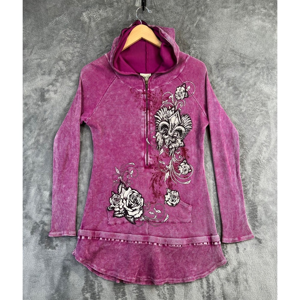 Vocal Hoodie Tunic Womens Large Purple Fleur De Lis Crystal Bling Vintage Y2K